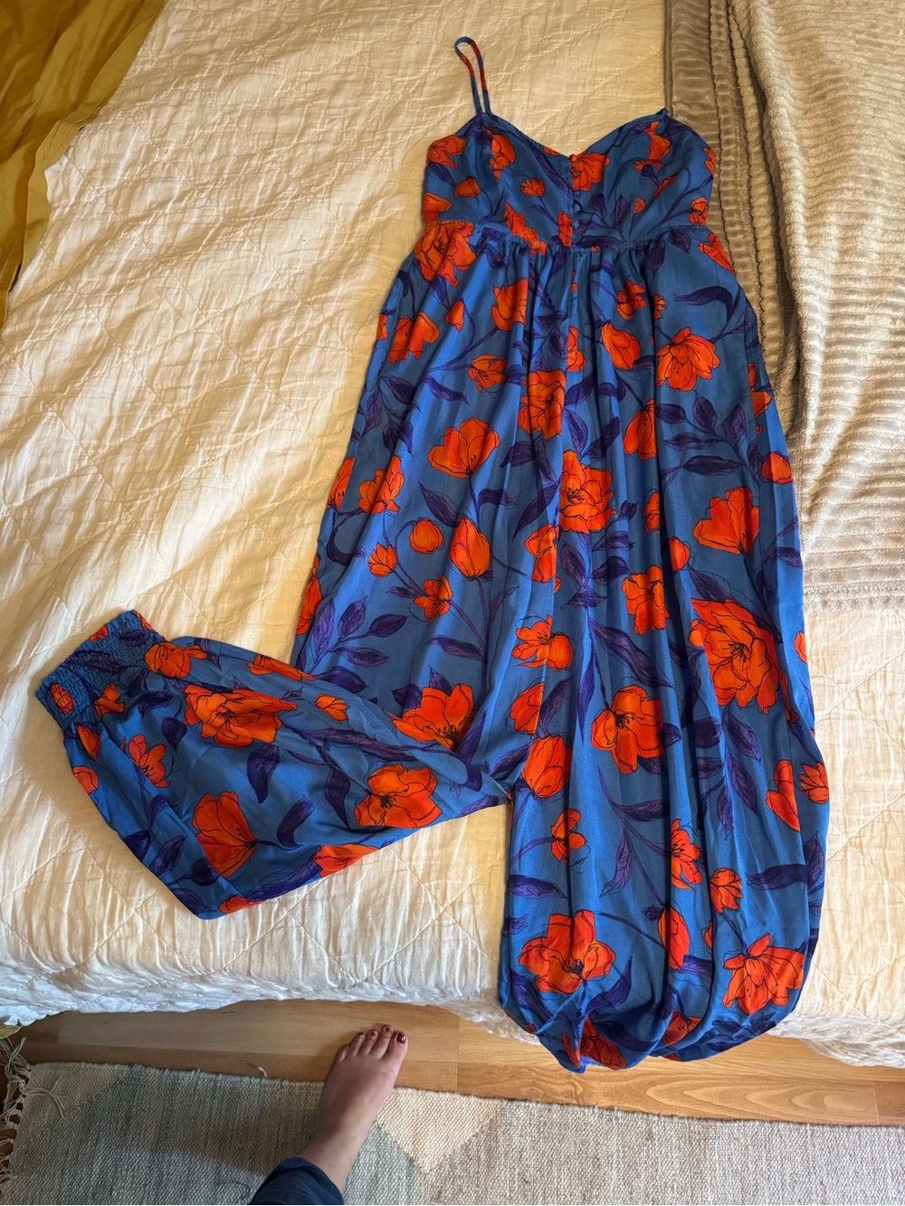 Blue Floral Spaghetti-Strap Jumpsuit with Orange Print - Picture 2 of 4